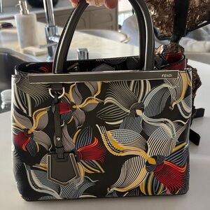 Fendi Black Floral-Print Leather Satchel with Multicolor Accents